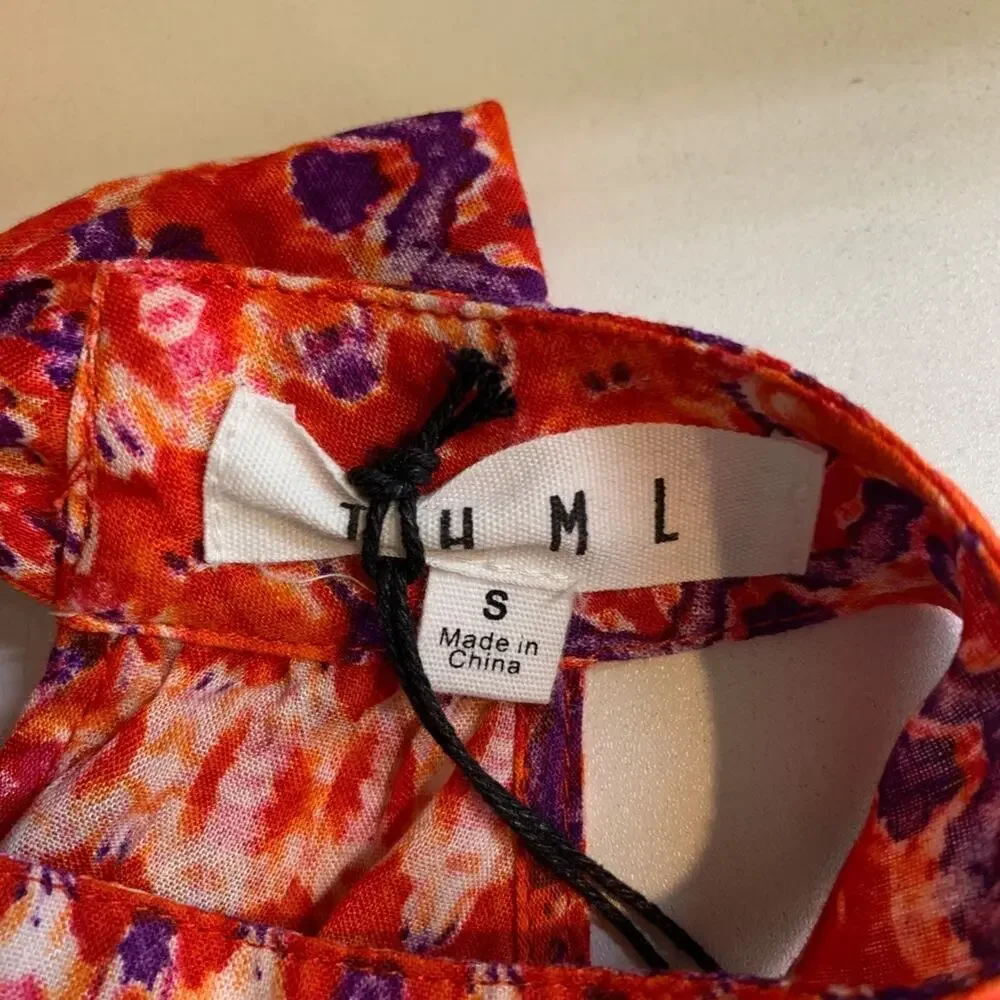 THML Top Womens S Small Red Orange Multi Halter Big Bow Tie Back Tassels Hem